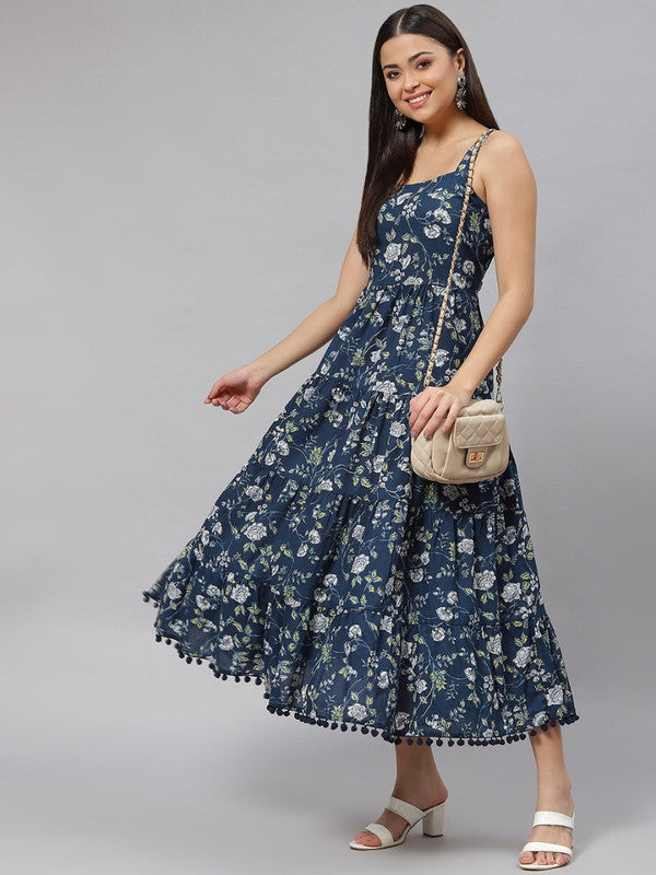 Navy Blue & white Pure Cotton Floral Print Midi Dress!!