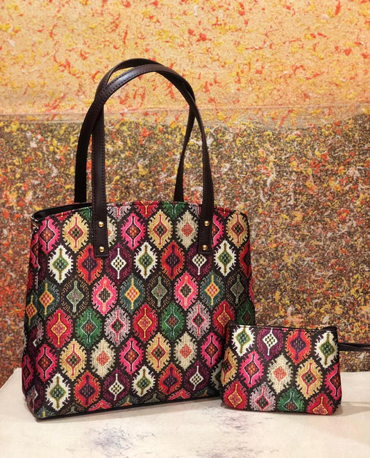 Multi Coloured Beautiful Ikkat Printed Triple Partition Hand Bag & Kit Pouch 2Pcs Combo( 2 Bags)!!