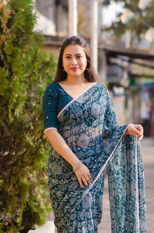 Buy Denim Blue Ajrakh Saree Online - Uttariya