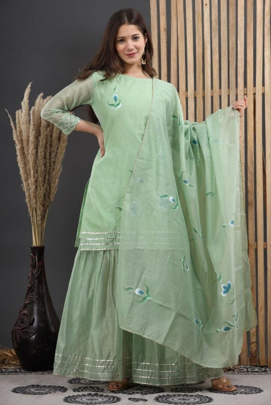 Pista Green Coloured Chanderi Cotton Hand painted Boat Neck Gota work Women Fully Stitched Designer Party/Daily wear Kurti with Sharara & Dupatta!!