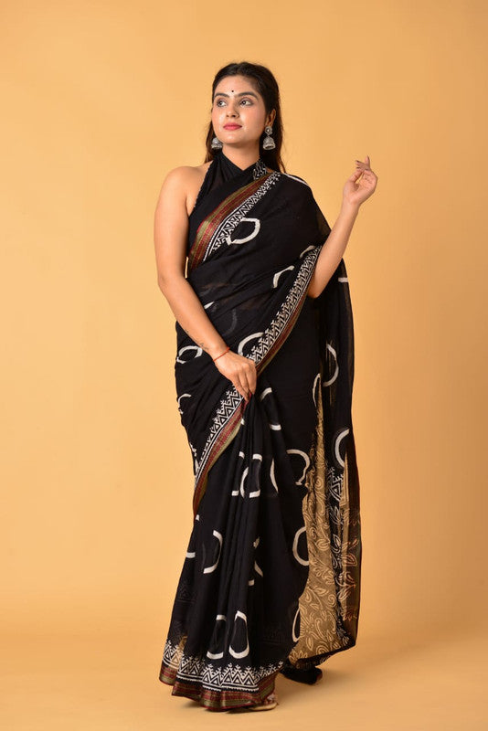 Black & Multi Coloured Pure Cotton with Beautiful Hand Block Printed Women Party/Daily wear Designer Cotton Saree with Blouse!!