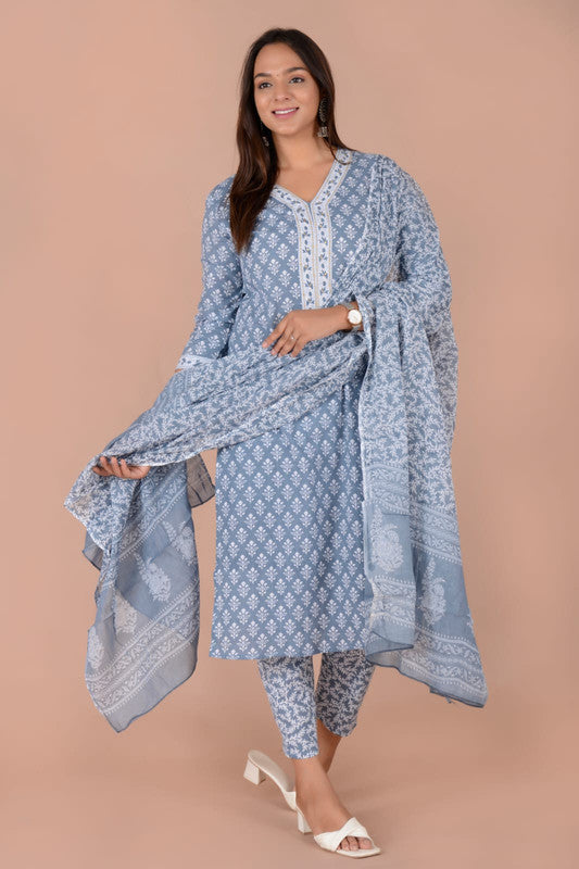 Grey & Off White Coloured Pure Cotton Printed Hand Work Women Fully Stitched Designer Party wear Suit with Pant & Dupatta!!