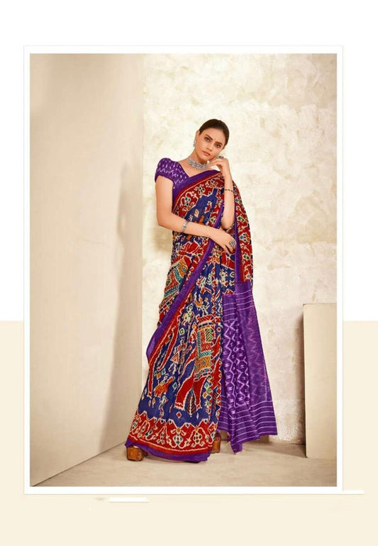 Purple & Multi Coloured Soft Chanderi Cotton with Bagru Print Women Party wear Saree with Beautiful matching Blouse!!