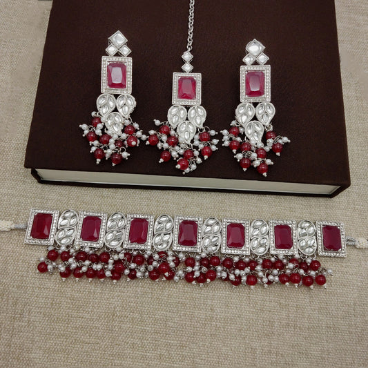 Maroon & White Coloured Premium Silver Plating Real Kundan with Pearls Women Choker set with earrings & Maatha Patti!!