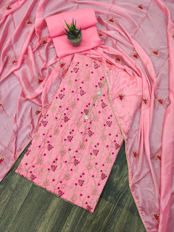 Pink Coloured Exclusive Muslin Cotton Embroidery Dress Material Suit!!