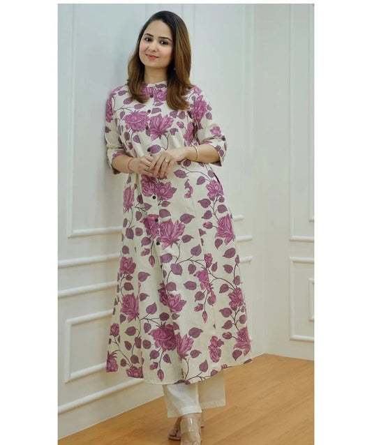 Pink & Off White Coloured Premium Rayon Floral Printed Round Neck 3/4 Sleeves Women Designer Party wear Kurti with Pant!!