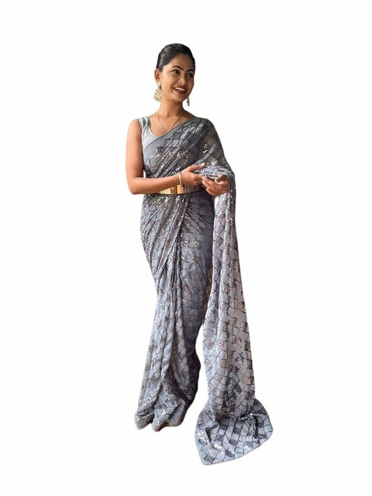 Grey Coloured Premium Georgette with Sequence work lace Border with Piping Women Party wear Fancy Ready to wear Saree with Blouse!!