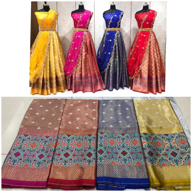 B.GREEN BANARASI SILK LEHENGA WITH ZARI WORK FOR WOMEN - HALFSAREE STUDIO -  4213894