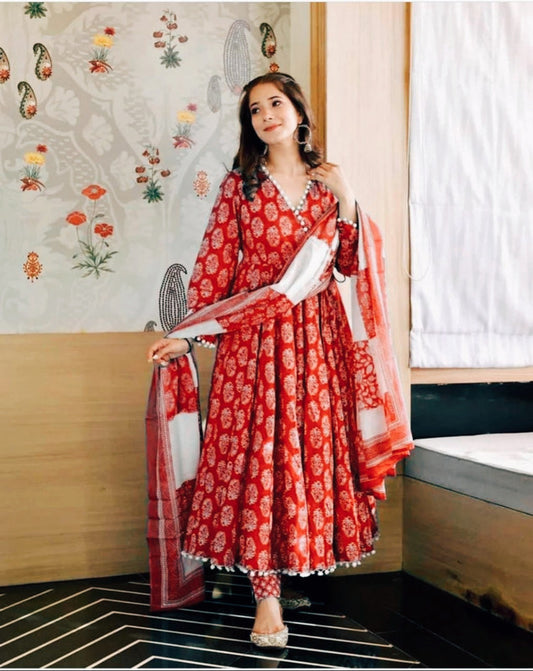 Red Floral Pompom Suit with Beautiful Print Long Anarkali Kurti Pant with Dupatta!!