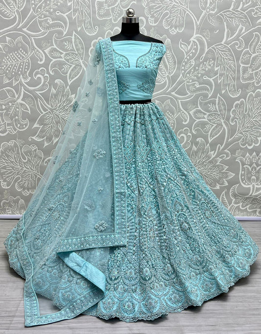 Aqua Blue Coloured Premium Net with Dori Zircon Diamond Sequins work Woman Wedding Designer Party wear  Lehenga Choli & Dupatta!!