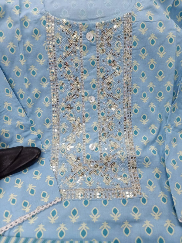 Blue coloured Embroidery kurti with Pant and Dupatta!!