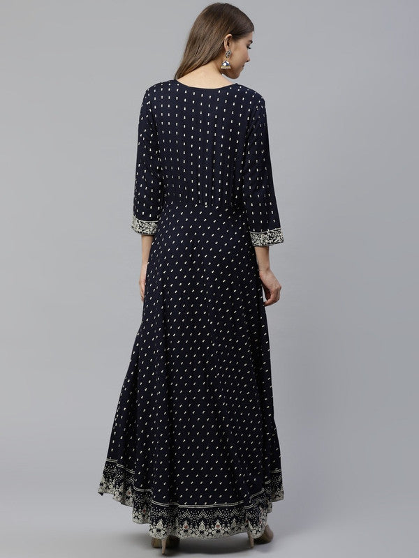 Women Navy Blue & Golden Printed A-Line Viscose Rayon Kurta!!