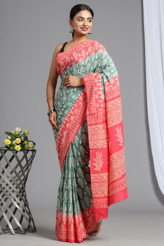 Light Green & Pink Coloured Pure Cotton Beautiful Hand Block printed Women Daily/Party wear Saree with Blouse!!