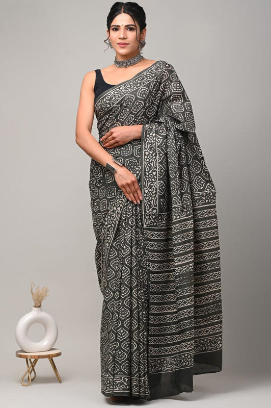 Grey & White Coloured Beautiful Hand Block printed Women Daily/Party wear Pure Cotton Saree with Blouse!!