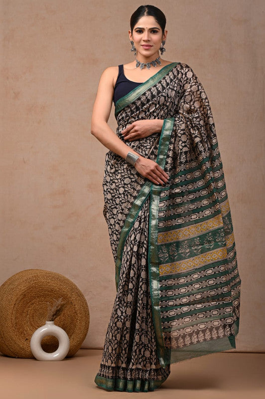 Green & Multi Coloured Hand Block Printed Women Designer Party wear Maheshwari Cotton Silk Saree with Runnin Blouse!!