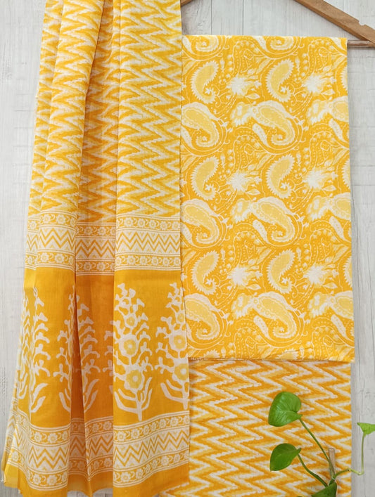 Mustard Yellow & White Coloured Unstitched Pure Cotton Hand Block Printed Women Party/Daily wear Dress Material Suit- Top with Bottom & Cotton Dupatta!!