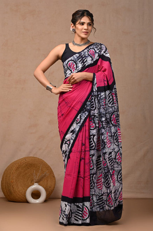 Pink & Multi Coloured Hand Block Bagru, Dabu & Batik Dye Print Women Designer Party wear Pure Cotton Saree with Runnin Blouse!!