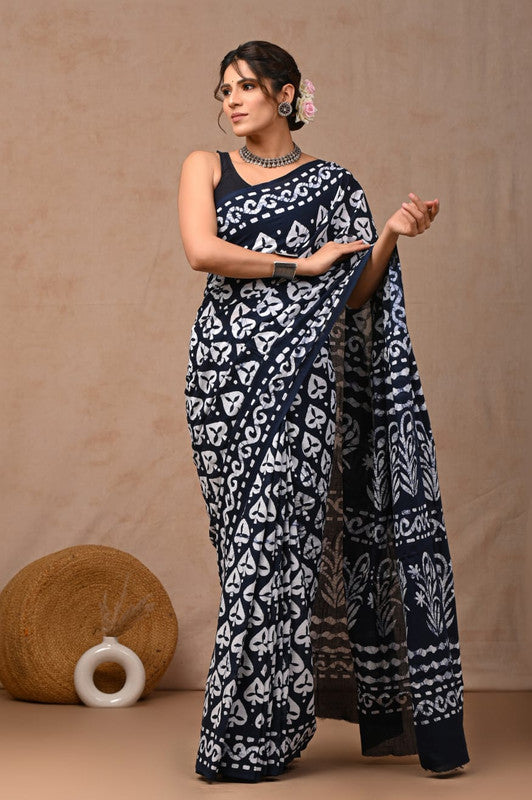 Black & White Coloured Hand Block Bagru, Dabu & Batik Dye Print Women Designer Party wear Pure Cotton Saree with Runnin Blouse!!