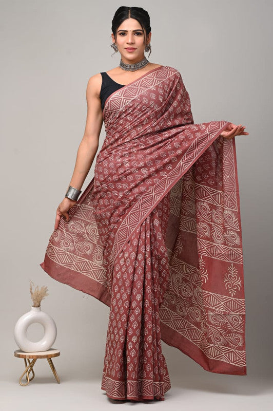 Onion Pink & Off White Coloured Beautiful Hand Block printed Women Daily/Party wear Pure Cotton Saree with Blouse!!