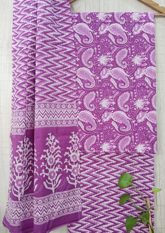 Purple & White Coloured Unstitched Pure Cotton Hand Block Printed Women Party/Daily wear Dress Material Suit- Top with Bottom & Cotton Dupatta!!