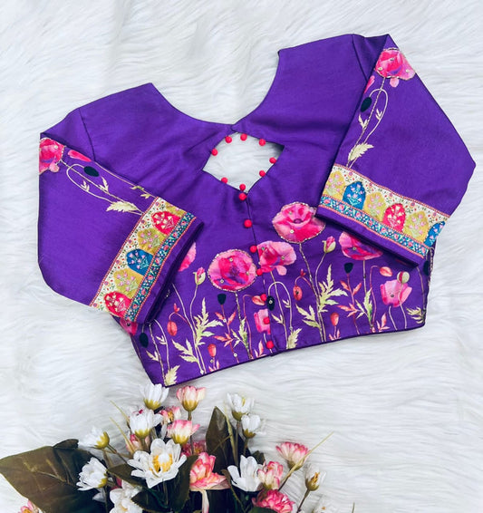 Purple Coloured Pure Silk with Handmade work  Woman Ready made Designer Botique Style Blouse- Free Size Up to 42 Inch!!