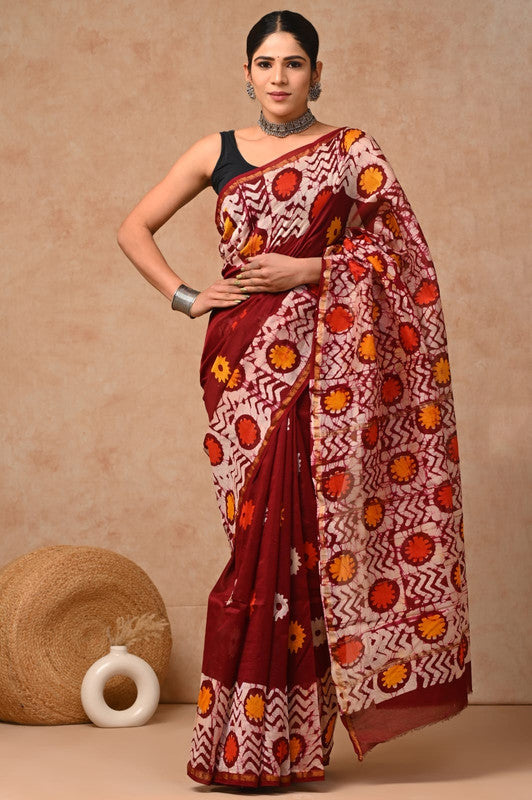 Maroon & Multi Coloured Hand Block Printed Women Designer Party wear Chanderi Cotton Silk Saree with Runnin Blouse!!