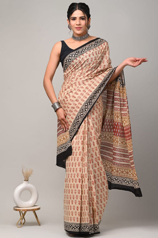 Cream & Black Coloured Beautiful Hand Block printed Women Daily/Party wear Pure Cotton Saree with Blouse!!