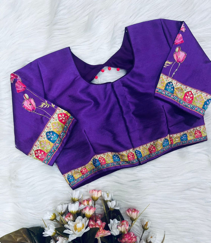 Purple Coloured Pure Silk with Handmade work  Woman Ready made Designer Botique Style Blouse- Free Size Up to 42 Inch!!