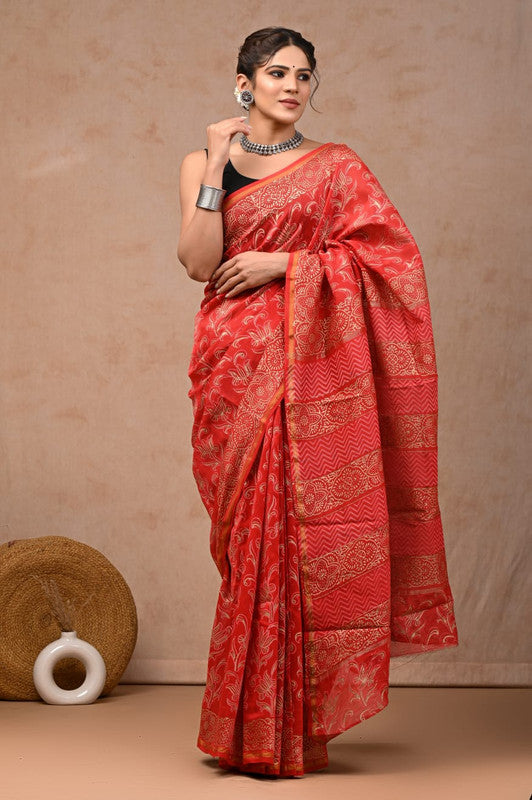 Red Coloured Hand Block Printed Women Designer Party wear Chanderi Cotton Silk Saree with Runnin Blouse!!