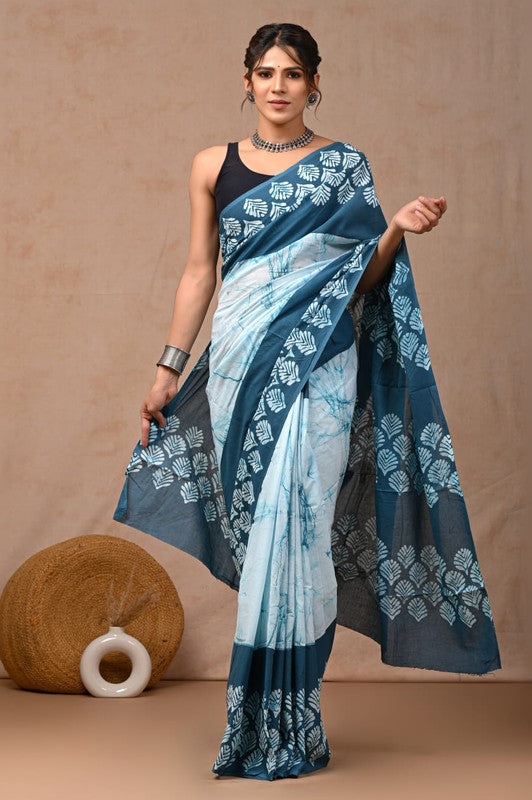 Rama Blue & White Coloured Hand Block Bagru, Dabu & Batik Dye Print Women Designer Party wear Pure Cotton Saree with Runnin Blouse!!