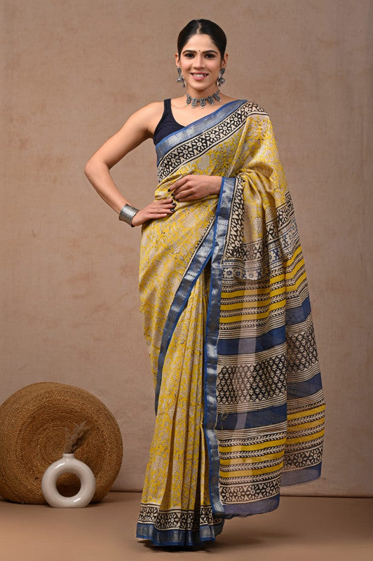 Mustard Yellow & Multi Coloured Hand Block Printed Women Designer Party wear Maheshwari Cotton Silk Saree with Runnin Blouse!!