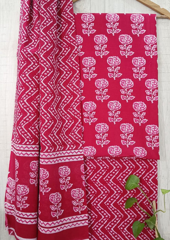 Red & White Coloured Unstitched Pure Cotton Hand Block Printed Women Party/Daily wear Dress Material Suit- Top with Bottom & Cotton Dupatta!!