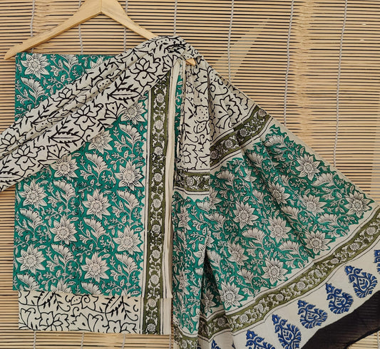 Green & Beige Coloured Unstitched Pure Cotton Hand Block Printed Women Party/Daily wear Dress Material Suit- Top with Bottom & Cotton Dupatta!!