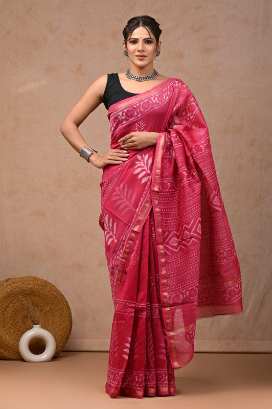 Dark Pink & Off White Coloured Hand Block Printed Women Designer Party wear Chanderi Cotton Silk Saree with Runnin Blouse!!