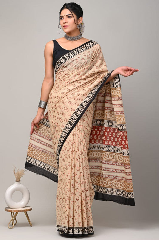 Cream & Black Coloured Beautiful Hand Block printed Women Daily/Party wear Pure Cotton Saree with Blouse!!