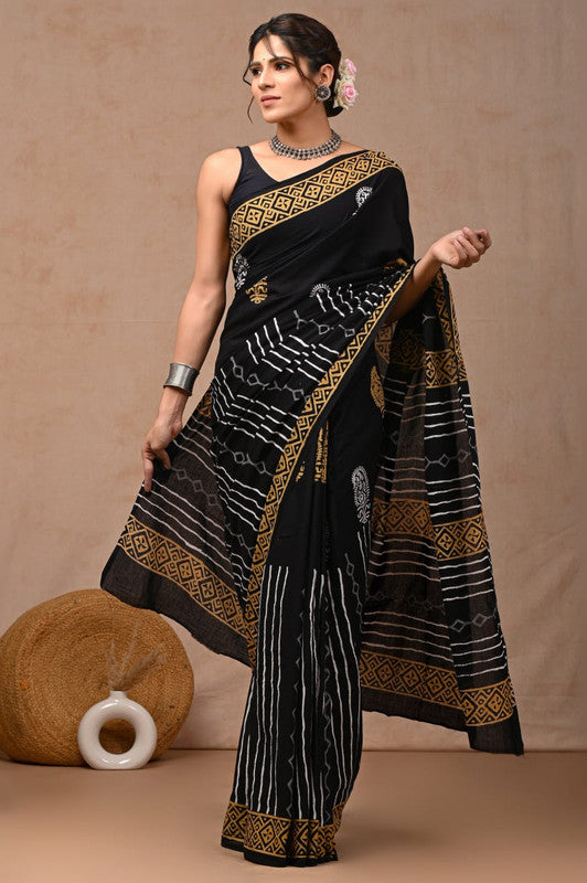 Black with White & Mustard Yellow Coloured Hand Block Bagru, Dabu & Batik Dye Print Women Designer Party wear Pure Cotton Saree with Runnin Blouse!!