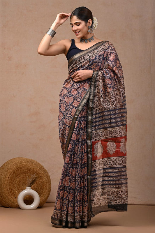 Navy Blue & Multi Coloured Hand Block Printed Women Designer Party wear Maheshwari Cotton Silk Saree with Runnin Blouse!!