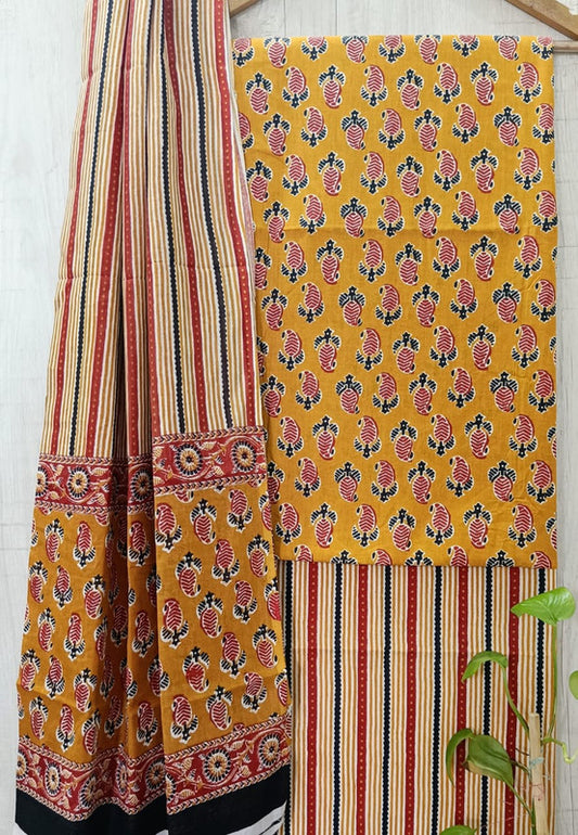 Mustard Yellow & Multi Coloured Unstitched Pure Cotton Hand Block Printed Women Party/Daily wear Dress Material Suit- Top with Bottom & Cotton Dupatta!!