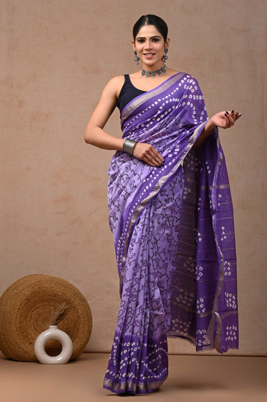 Purple & White Coloured Hand Block Printed Women Designer Party wear Maheshwari Cotton Silk Saree with Runnin Blouse!!