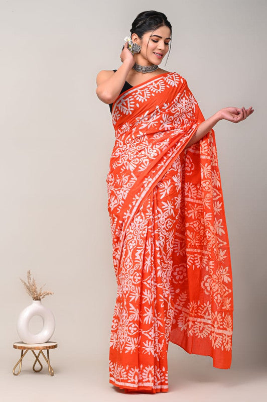 Red & White Coloured Beautiful Hand Block printed Women Daily/Party wear Pure Cotton Saree with Blouse!!