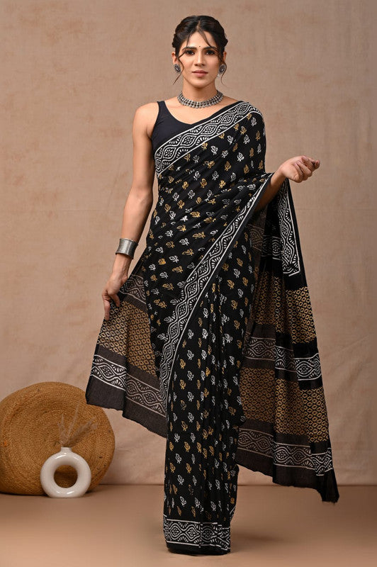 Black with White & Mustard Yellow Coloured Hand Block Bagru, Dabu & Batik Dye Print Women Designer Party wear Pure Cotton Saree with Runnin Blouse!!