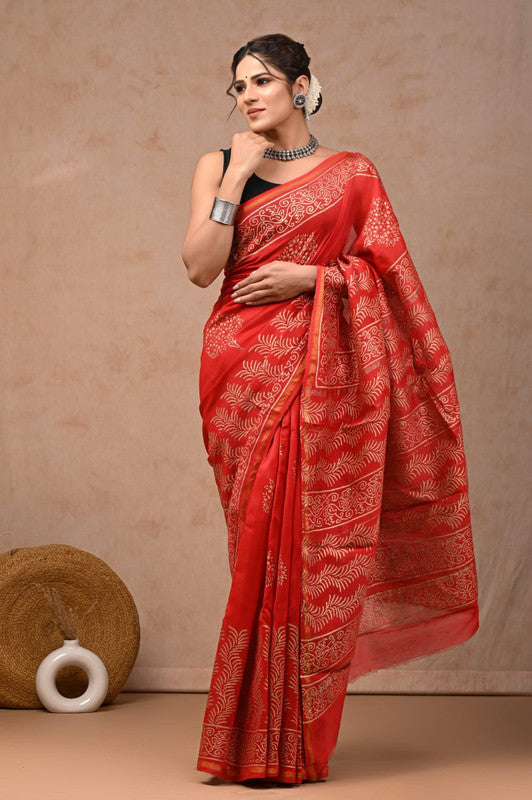 Red Coloured Hand Block Printed Women Designer Party wear Chanderi Cotton Silk Saree with Runnin Blouse!!