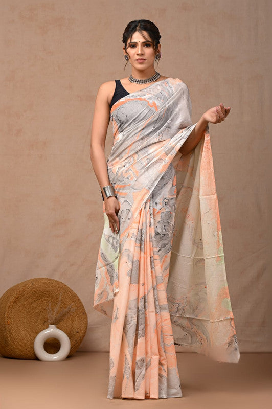 Peach & Grey Coloured Hand Block Bagru, Dabu & Batik Dye Print Women Designer Party wear Pure Cotton Saree with Runnin Blouse!!