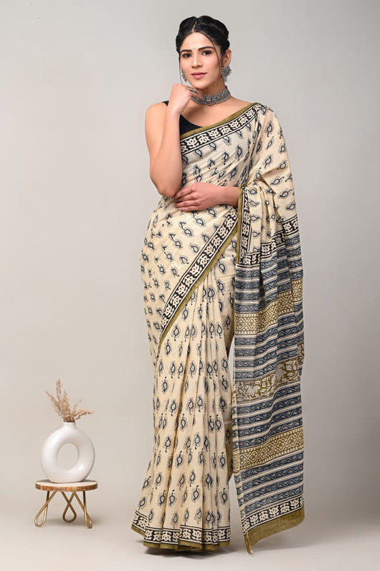 Cream & Blue Coloured Beautiful Hand Block printed Women Daily/Party wear Pure Cotton Saree with Blouse!!