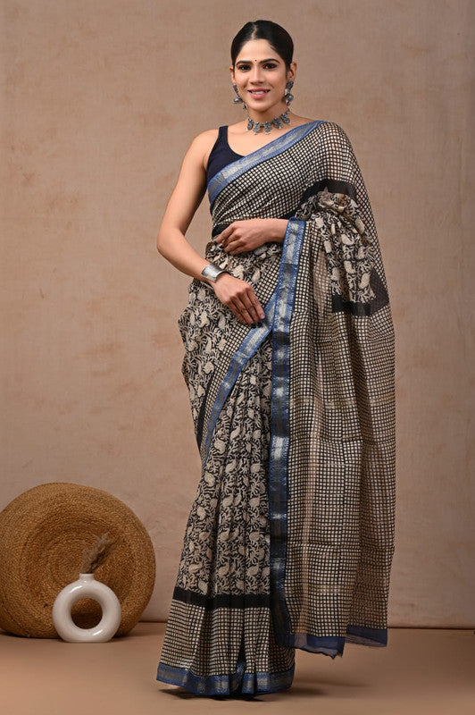 Beige & Multi Coloured Hand Block Printed Women Designer Party wear Maheshwari Cotton Silk Saree with Runnin Blouse!!