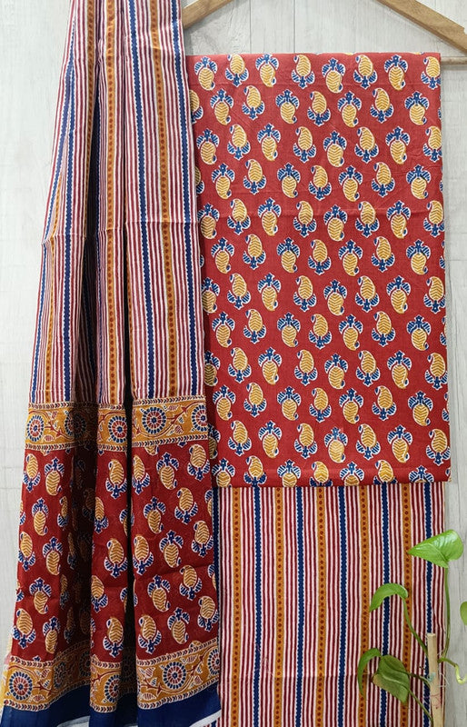 Red & Multi Coloured Unstitched Pure Cotton Hand Block Printed Women Party/Daily wear Dress Material Suit- Top with Bottom & Cotton Dupatta!!