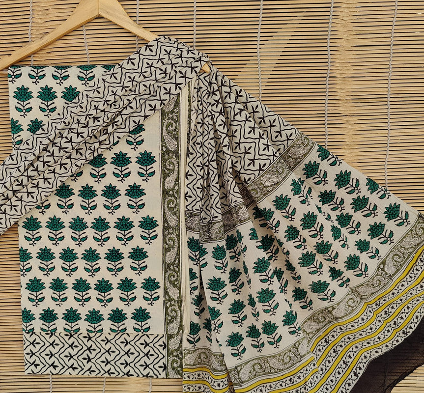 Green & Beige Coloured Unstitched Pure Cotton Hand Block Printed Women Party/Daily wear Dress Material Suit- Top with Bottom & Cotton Dupatta!!