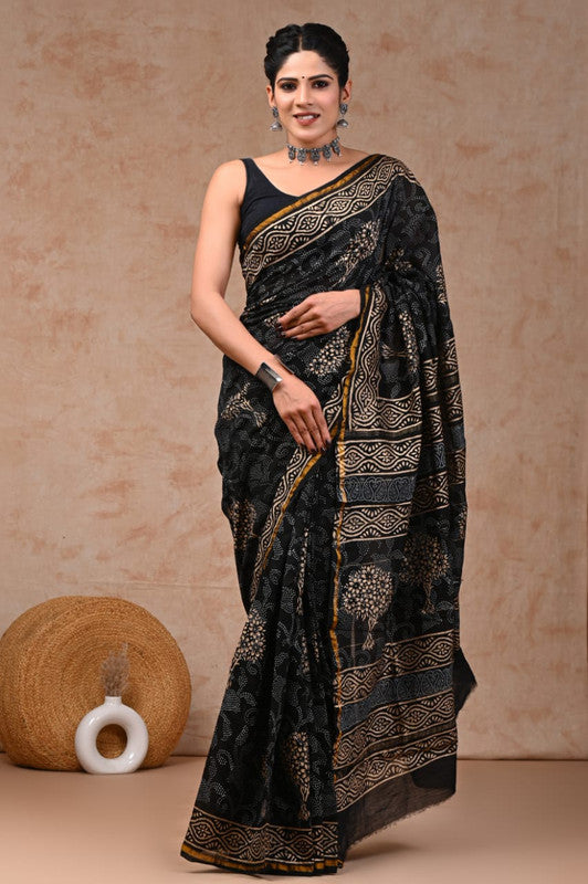 Black & Multi Coloured Hand Block Printed Women Designer Party wear Chanderi Cotton Silk Saree with Runnin Blouse!!