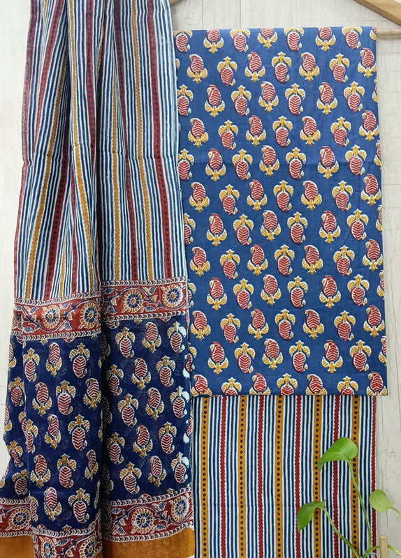 Blue & Multi Coloured Unstitched Pure Cotton Hand Block Printed Women Party/Daily wear Dress Material Suit- Top with Bottom & Cotton Dupatta!!