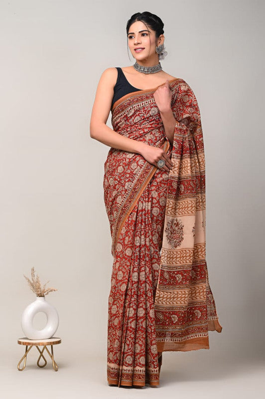 Beige & Maroon Coloured Beautiful Hand Block printed Women Daily/Party wear Pure Cotton Saree with Blouse!!